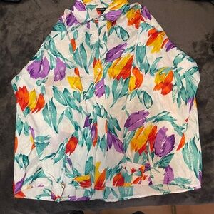 Vibrant Floral Button-Up Shirt in White with Purple, Teal & Orange Tulips
